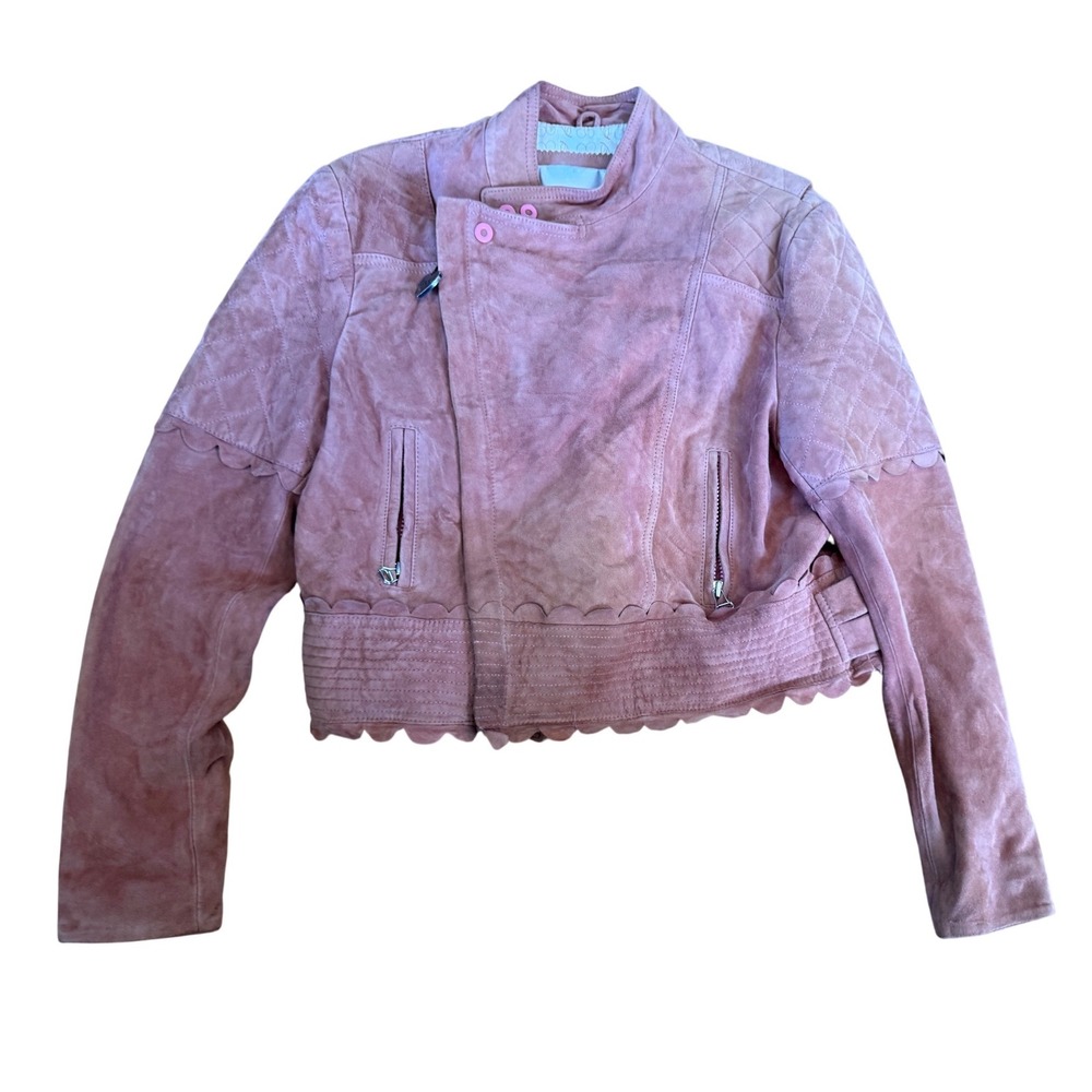 Luella for Target Pink Suede Leather Moto Jacket Quilted Scalloped XL